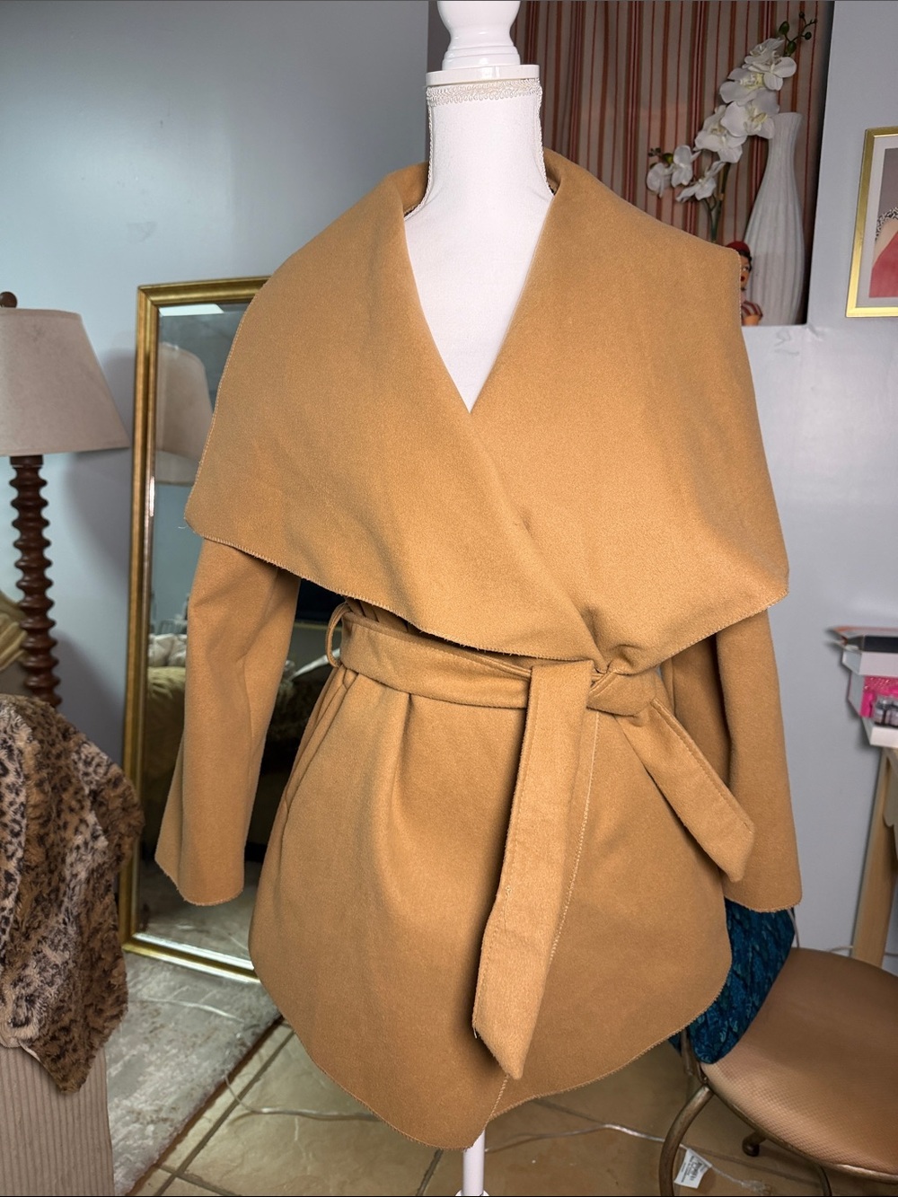 Camel Wrap Belted Wool-Blend Coat